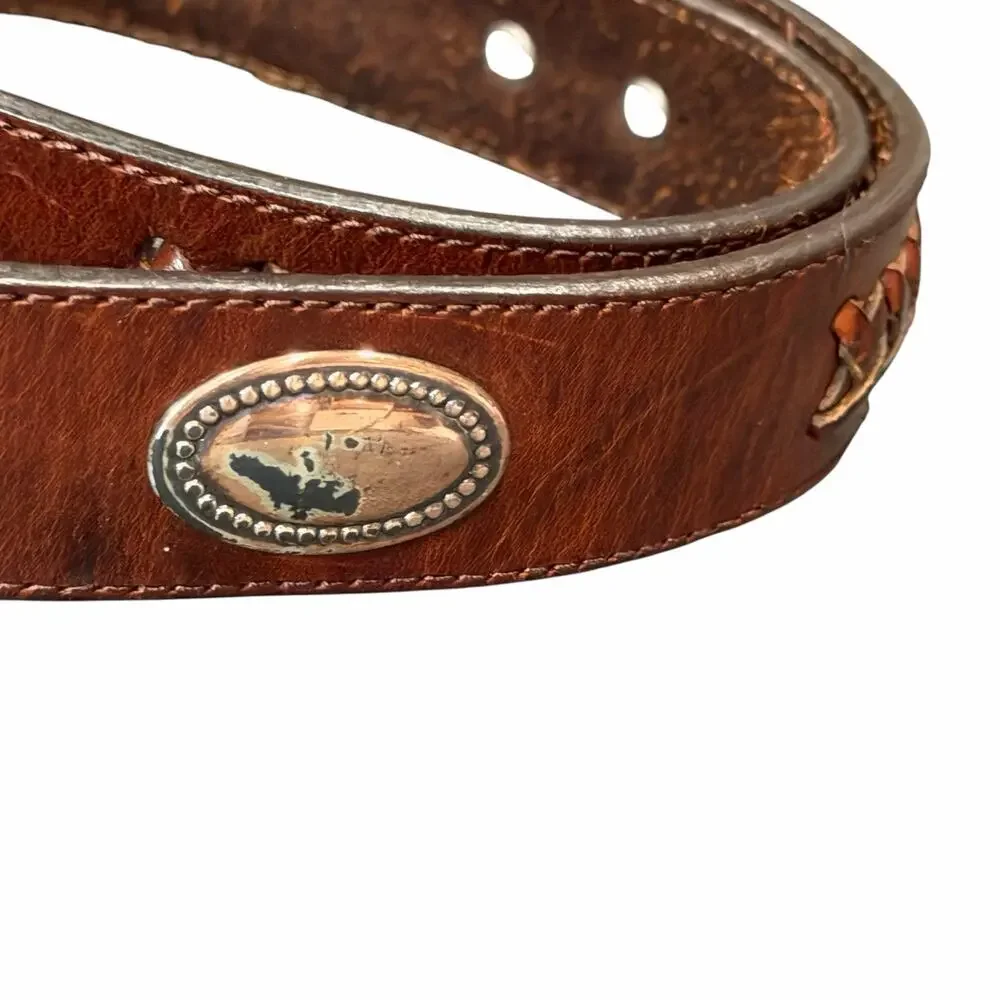 Vintage Latigo Leather Belt 34 Brown Antique Silver Concho Patina Braid Western‎